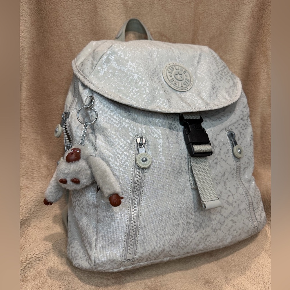 EUC Kipling Zakaria Travel Backpack Polyamide Glitterati Glam Silver Grey BP4265